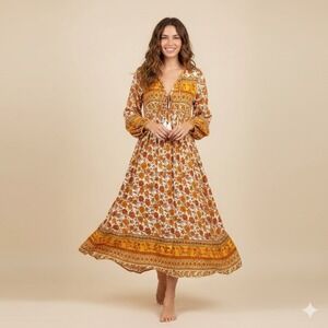 R.Vivimos Boho Floral Maxi Dress XL Orange Yellow Tassel Long Sleeve Flowy Gypsy